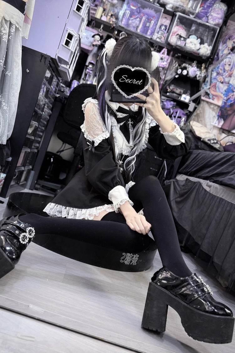 Black and White Divine Love Cut-Out Bow Lace-Up Dress and Shorts Set