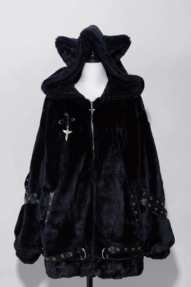 Hooded Jirai Kei Coat with Cat Ears and Zipper - Night Hunter, 2 Colors