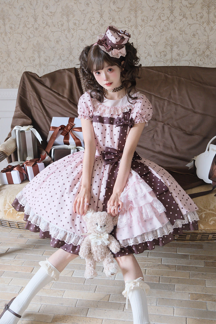 Canelé Gift Box Round Collar Short Sleeves Double-Layered Printed Polka Dot Ruffled Open-Front Bow Asymmetric Sweet Lolita Dress - Pink