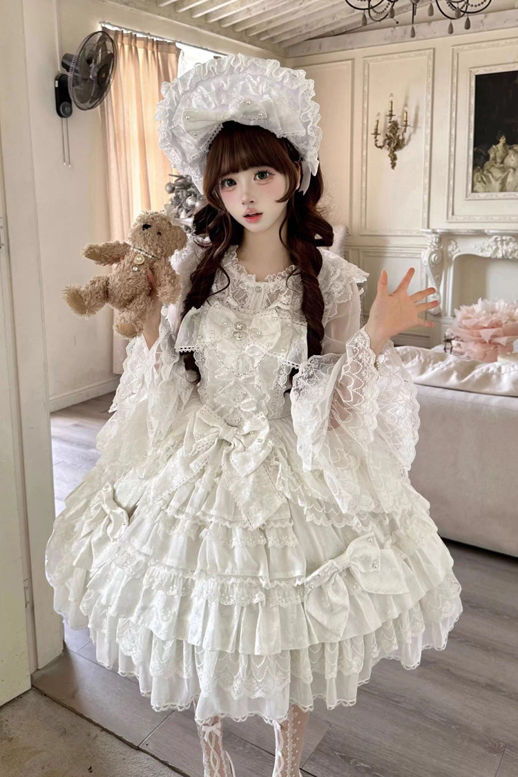 Ivory Casual Lolita Dress with Ruffles and Pearl Veil - Dream-Sinking Pearl Veil