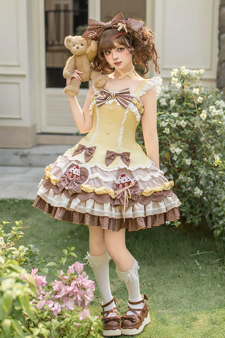 Polka Dot Cake Multi-Layered Printed Ruffled Bow Sweet Lolita JSK - Yellow/Brown