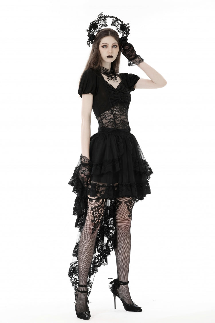 Gothic Swallow Tail Skirt with Irregular Lace Ruffles, Black