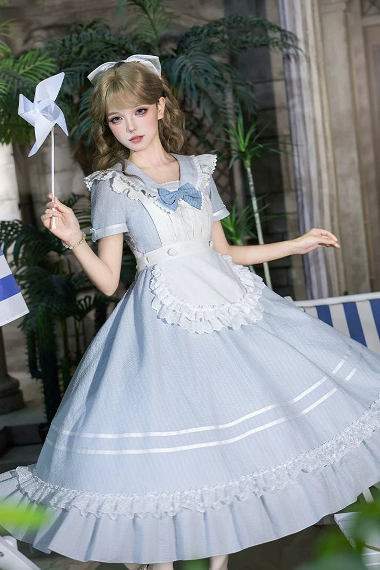 Sweet Lolita Dress with Printed Ruffled Bow and Navy Collar - Blue