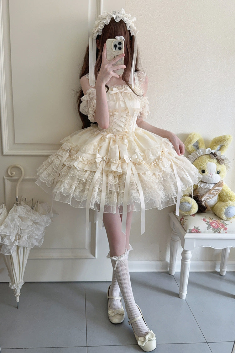 Apricot Princess Ballet Lolita JSK Dress with Multi-Layer Ruffles Bowknot Lace-Up Design