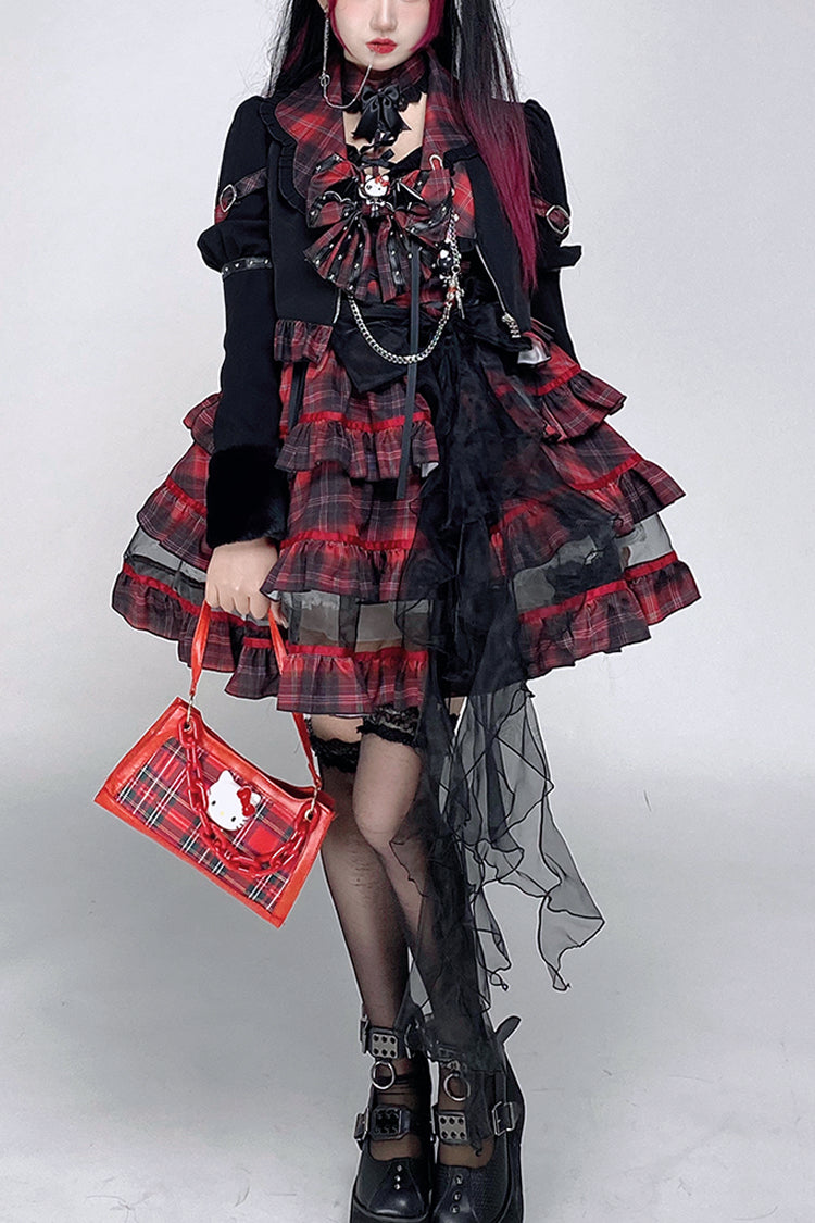 Crimson & Noir Punk Bow Accent Lolita Tiered Mini Dress with Japanese Rock Vibe