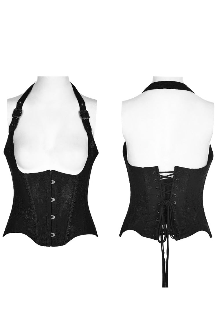 Supportive Black Jacquard Lace-Up Halter Gothic Breast Vest