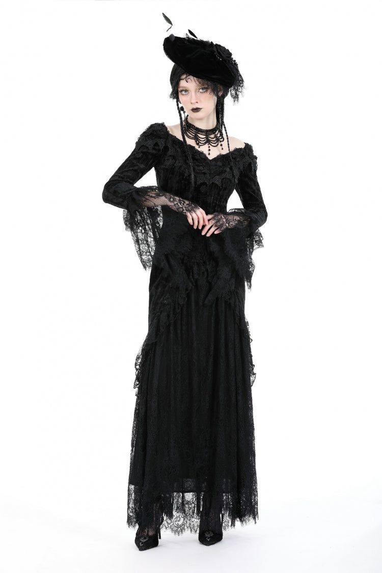 Off Shoulder Lace Long Trumpet Sleeves Lace-Up Gothic Bodycon Dress