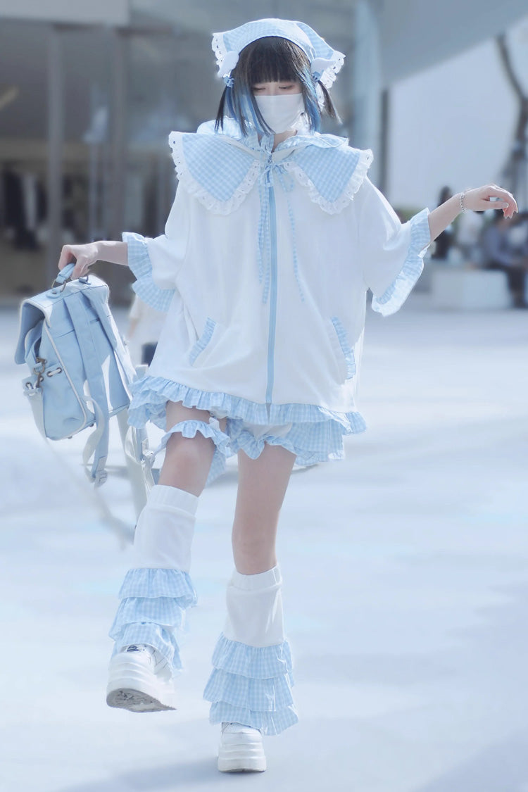 White/Blue Heart Signal Half Sleeve Plaid Print Hooded Sweet Jirai Kei Japanese Jacket