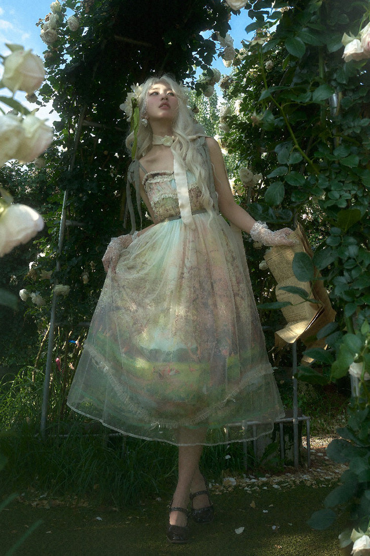 Green Oil Painting Spring Sleeveless Print Ruffle Bow Lace Sweet Jsk Dress
