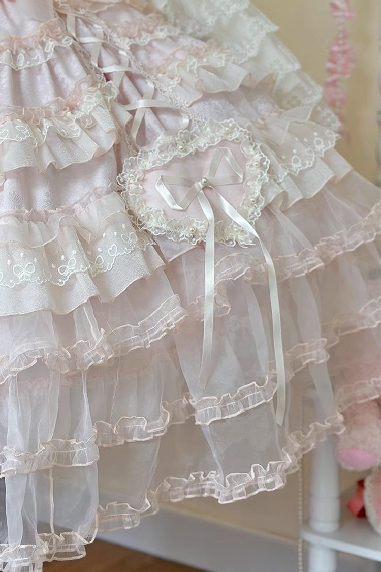 Pink Multi-Layered Ruffled Hanayome Embroidered Bow Lace Sweet JSK - Sweetheart Diary
