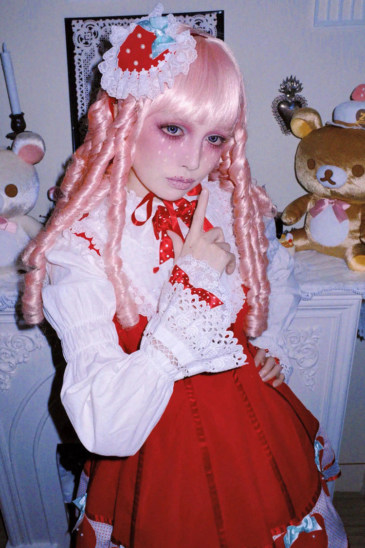 Sweet Lolita Dress with Stand Collar and Bow - Miss Peculiar Strawberry, 2 Shades