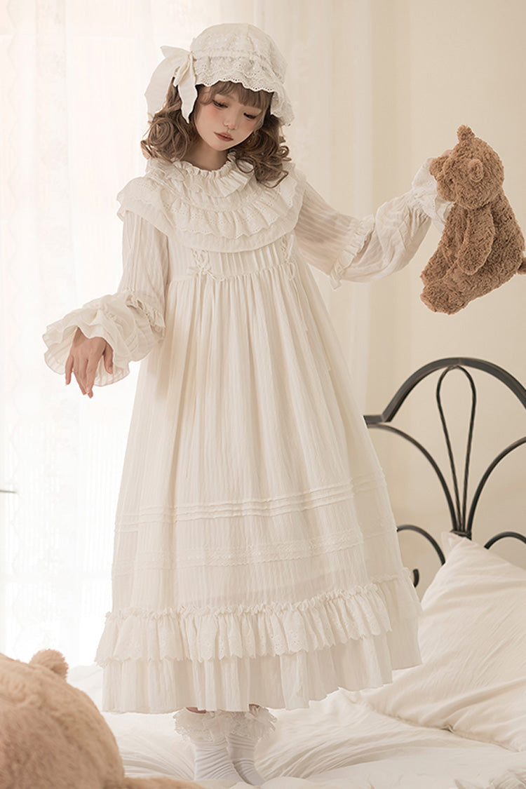 Ivory Long Sleeve Double Ruffle Bow Lace-Up Holy Dress
