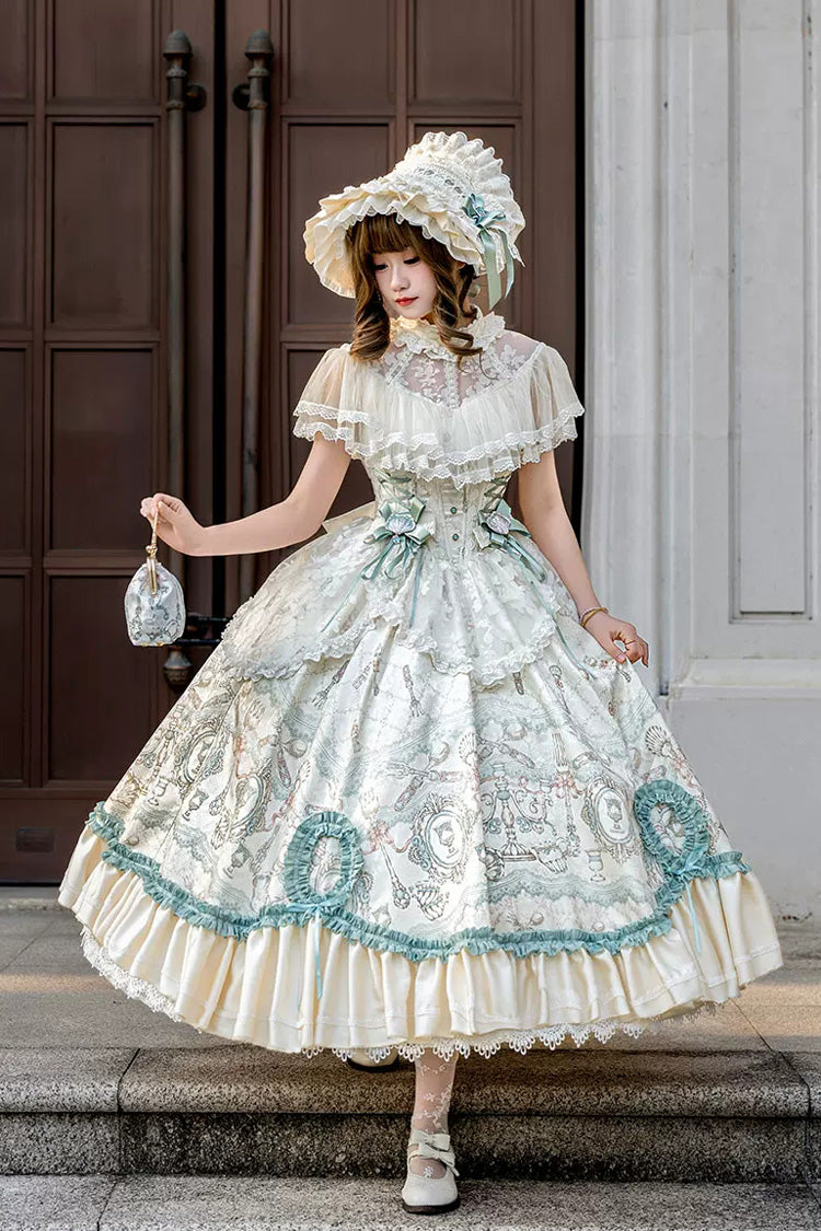 Cream Cloudborne Prelude Edwardian Collar Jacquard Printed Bow Frilled Lace Fishbone Classic Sweet Lolita Dress