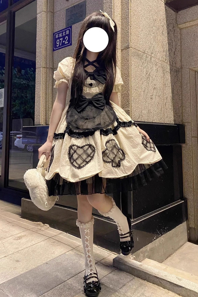 Ivory Puff-Sleeved Bow Trim Sweet Lolita Princess Dress