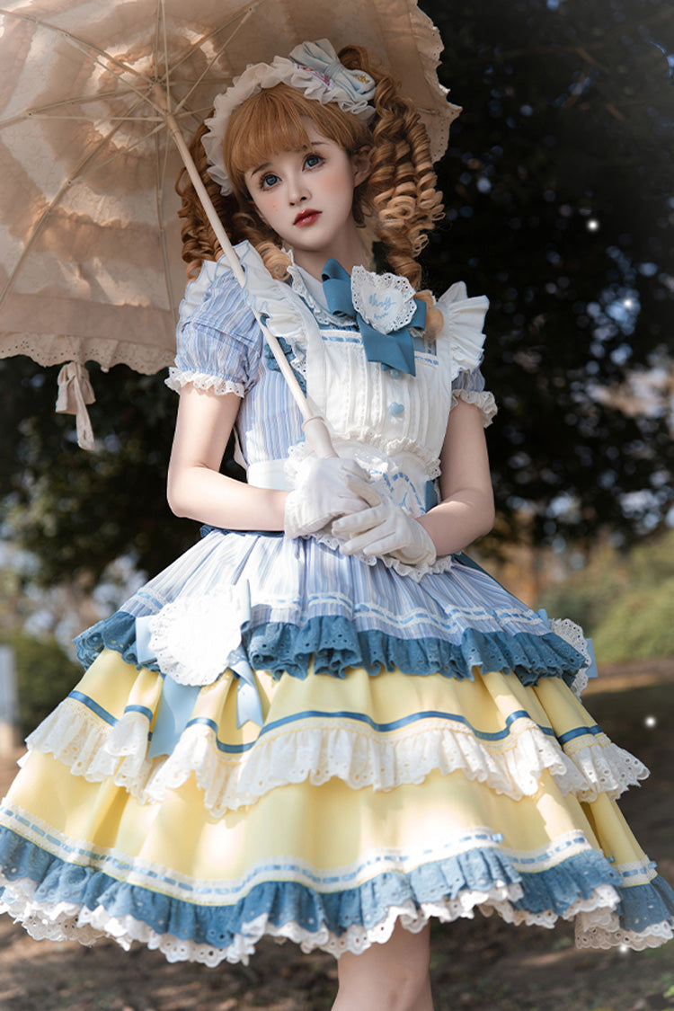 Blue/Yellow Short Sleeves Triple-Layer Ruffle Ribbon Lace Girly Japanese Lolita Dress
