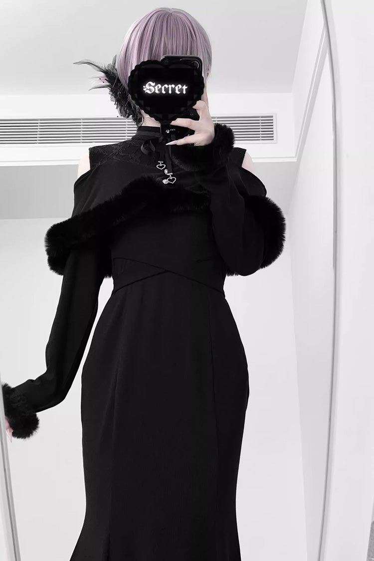 Jirai Kei Stand Collar Off Shoulder Long Sleeves Embroidered Lace Sweet Japanese Fishtail Dress 2 Colors