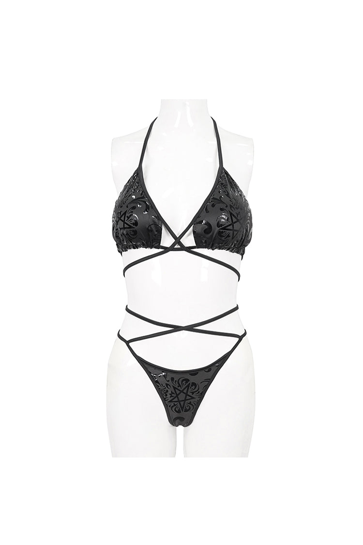 Dark Occult Print Strap Gothic Swimwear Ensemble