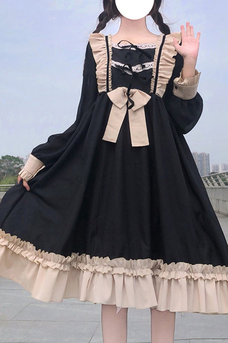 Long Sleeves Sweet Lolita OP Dress Waist Bow Ruffled - Altfashion Shop