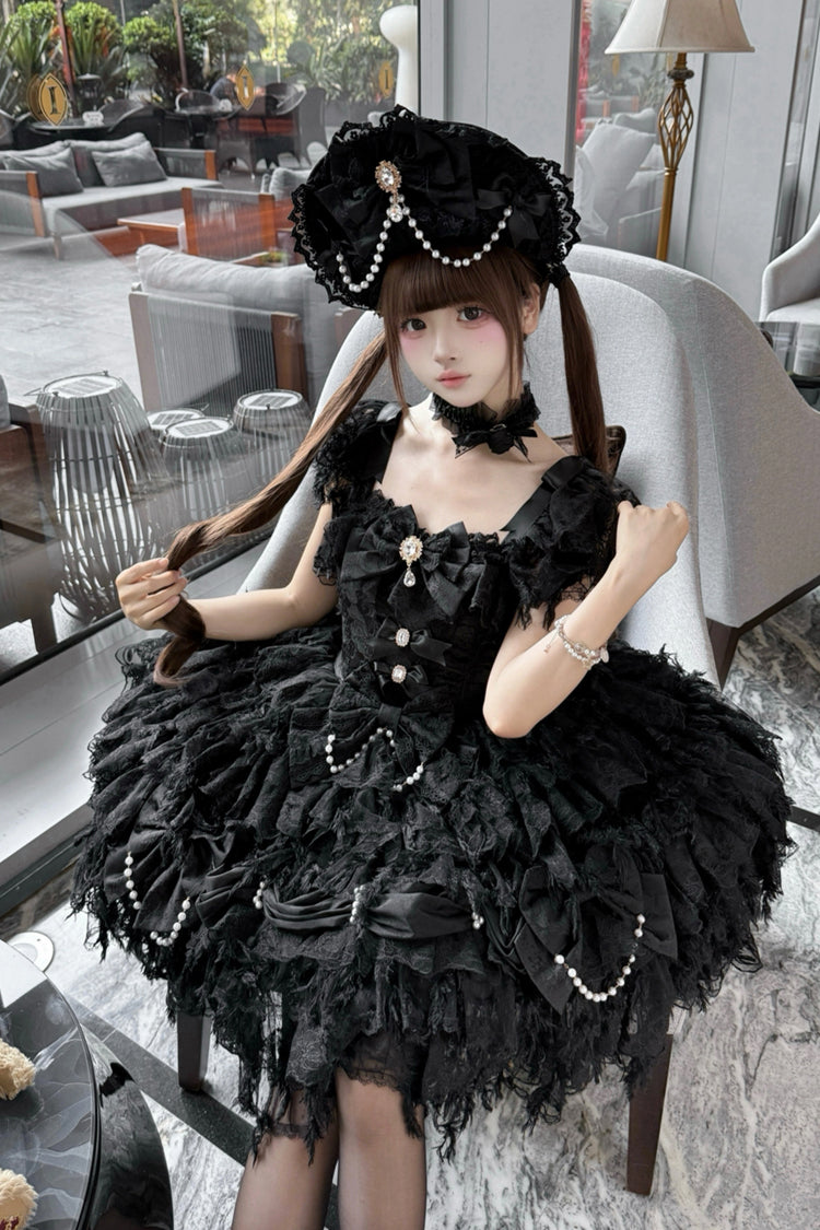 Sleeveless Bow-Adorned Pearl Gothic JSK in Black