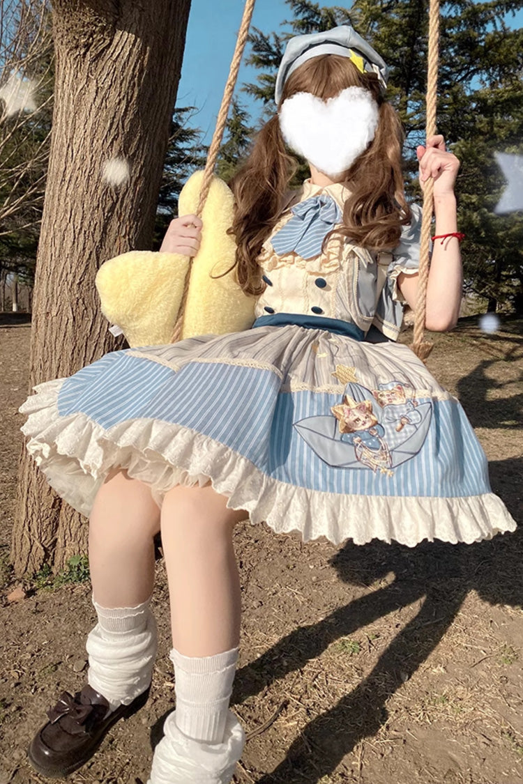 Blue Ivory Star Printed Sleeveless Sweet Lolita Dress - Navy Style