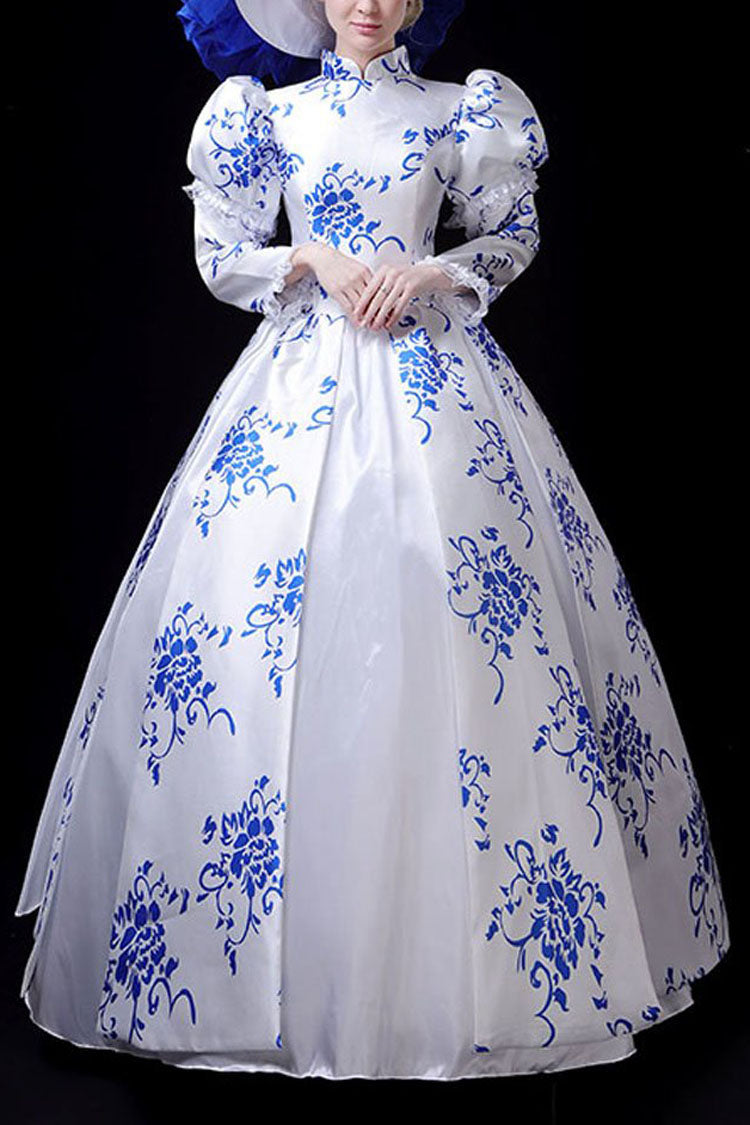 Cerulean and Ivory Porcelain Print Stand Collar High Waist Victorian Lolita Evening Dress