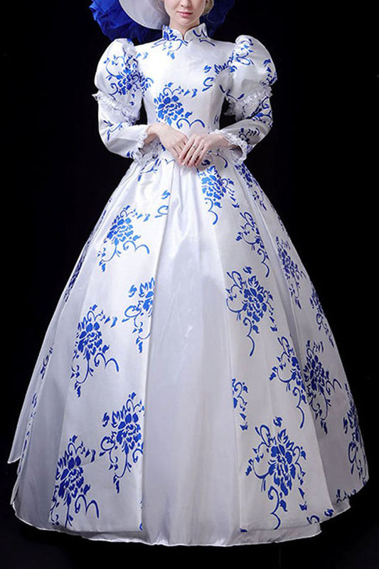 Cerulean and Ivory Porcelain Print Stand Collar High Waist Victorian Lolita Evening Dress