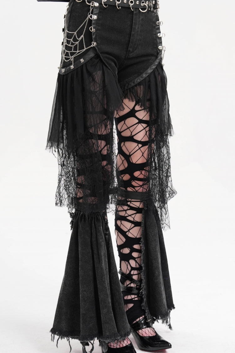 Gothic Shorts with Ripped Mesh Hem and Chain for Women