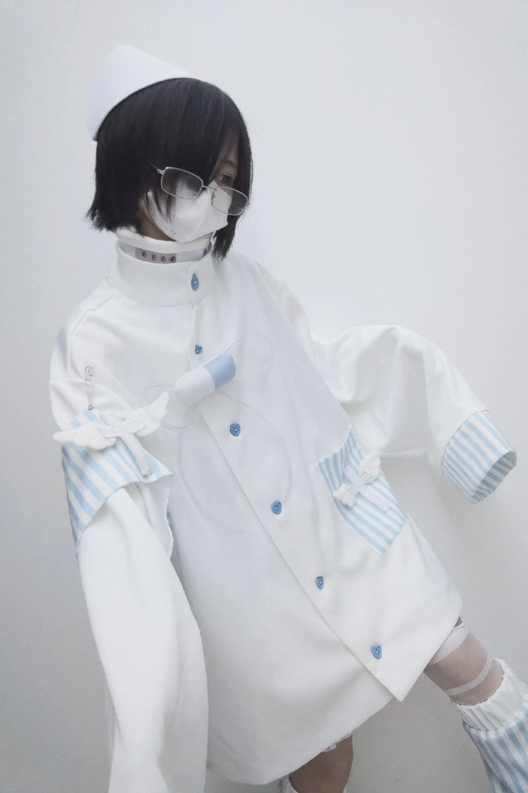 Medical Angel Print Long Sleeve Loose Set in White/Blue