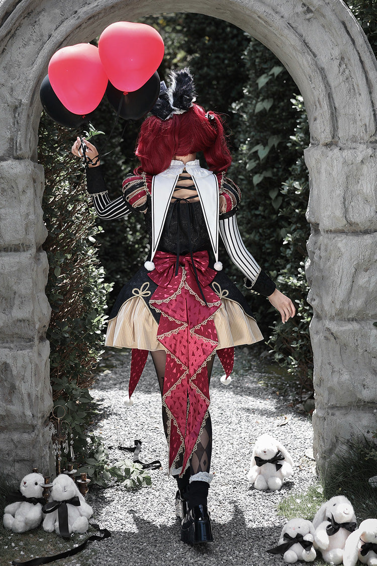 Black/Red Stand Collar Gothic Dress Set with Jacquard