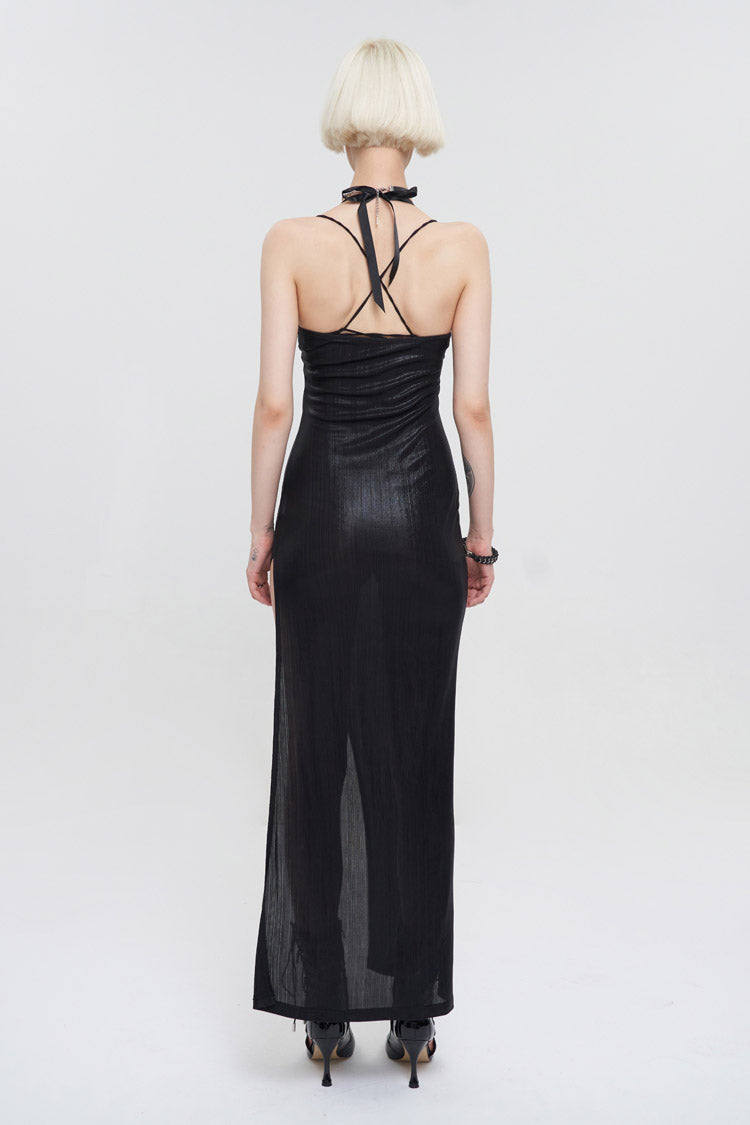 Punk Dress with Cutout Chain Halter Lace High Slit Long