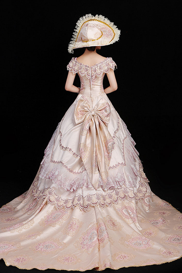 Victorian Floral Embroidered Boat-Neck Gown
