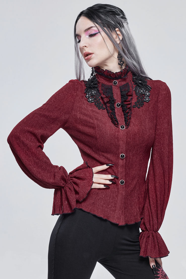 Crimson High Neck 3D Embroidered Lantern Trumpet Gothic Shirt
