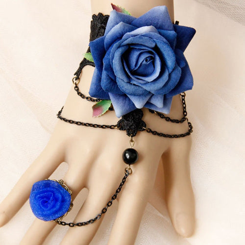Royal Blue Halloween Gothic Lace Ring and Bracelet Set with Rose Motif