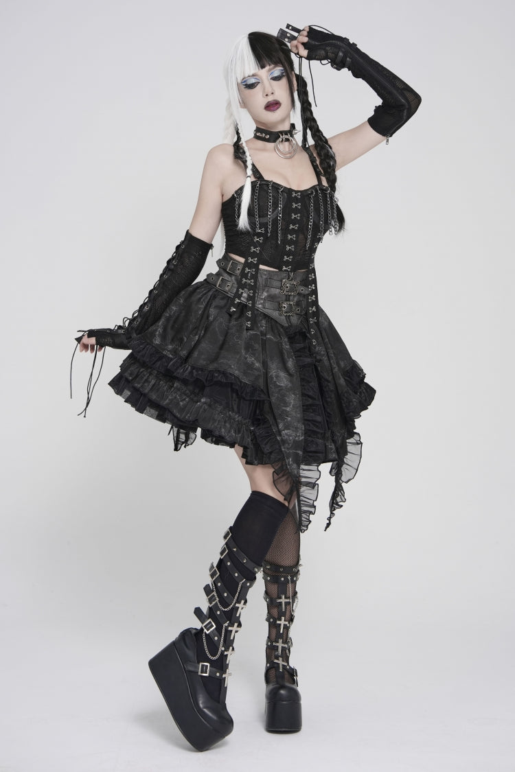 Gothic Skirt with Buckles, Pleats, and Eyelets, Black