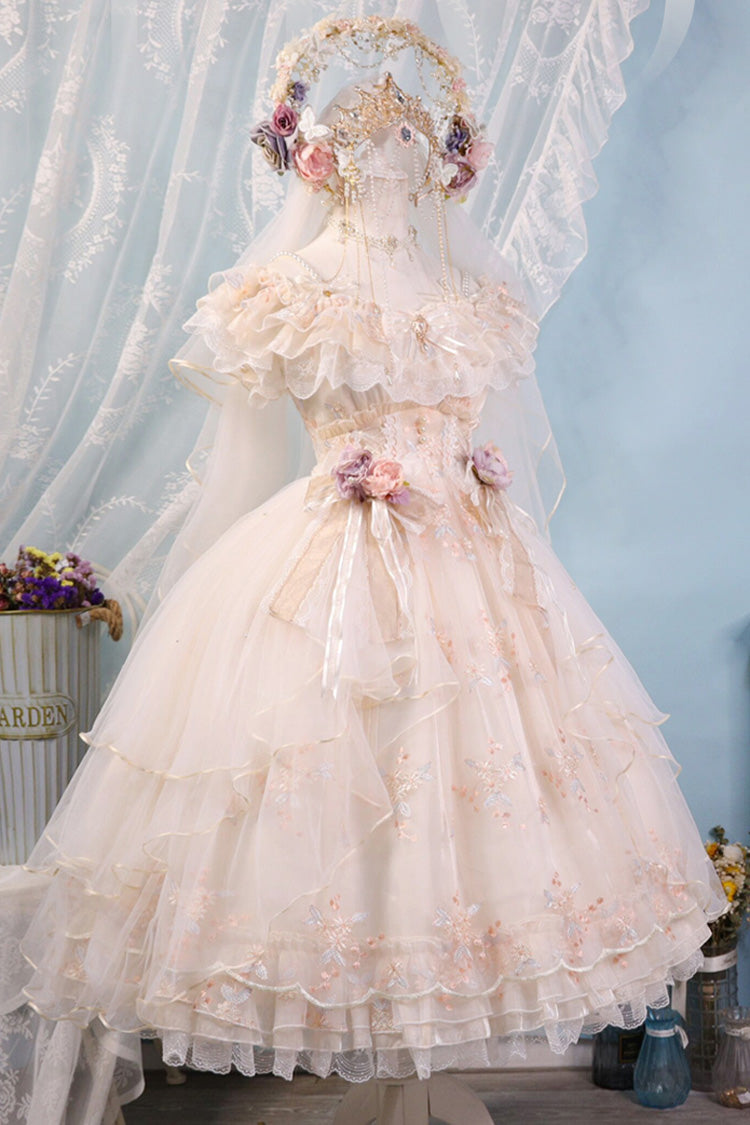 Cream Flora Multi-Layer Hanayome Embroidery Bow Frilled Sweet Lolita JSK Dress