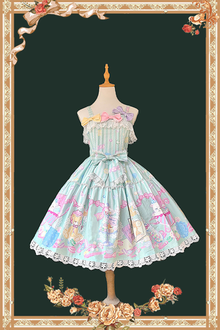 Green Sleeveless Sweet Lolita JSK Dress Square Collar Bow Print - Macarons Dolly House