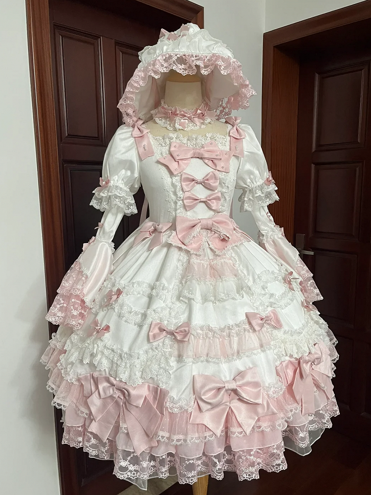 Sleeves Sweet Dress Waist High Princess Pink with Accents White Sakura Bow Detachable Lolita