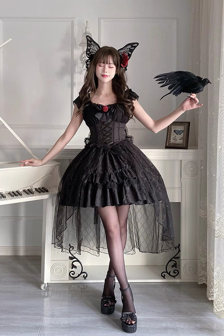 Black Short Sleeved Ruffled Rose Gothic Tiered Dress with Bow