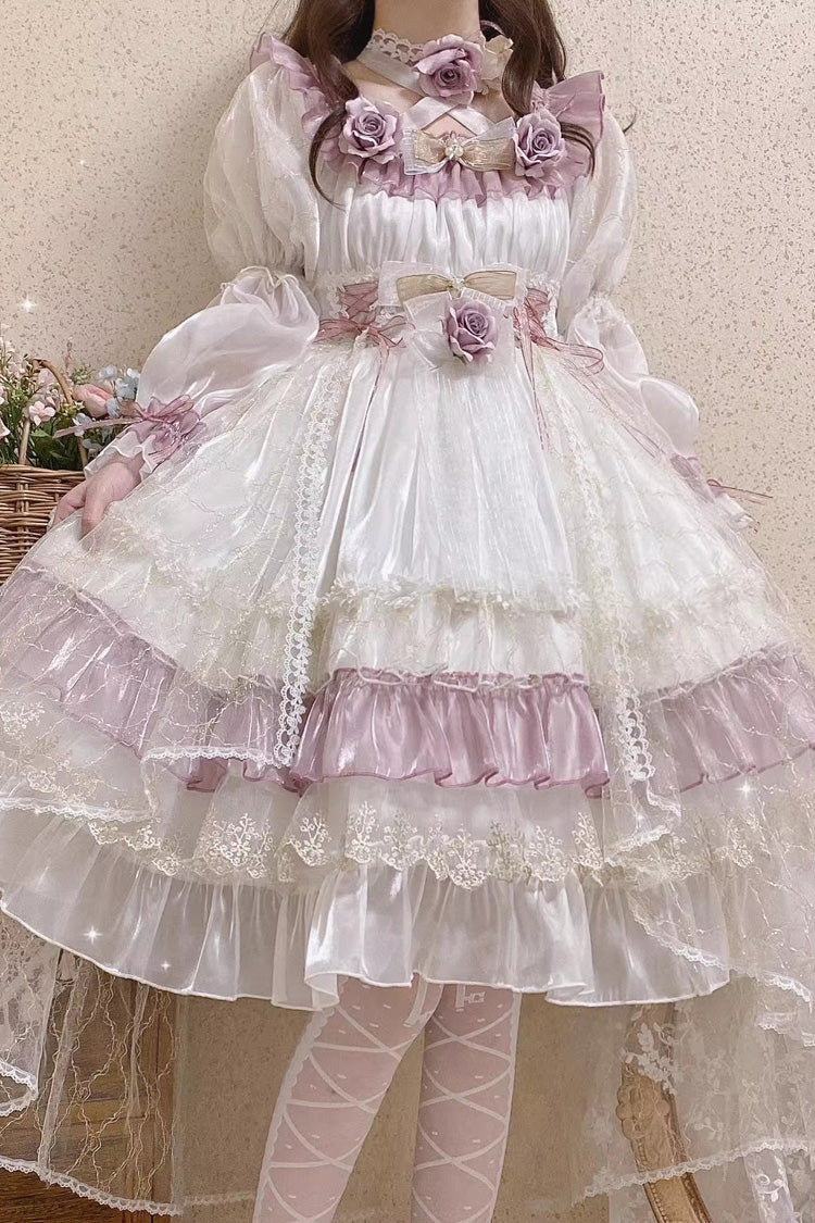 Long Sleeve Multi-Layer Ruffle Bow Lace Lace-Up Sweet Princess Lolita Dress - Purple