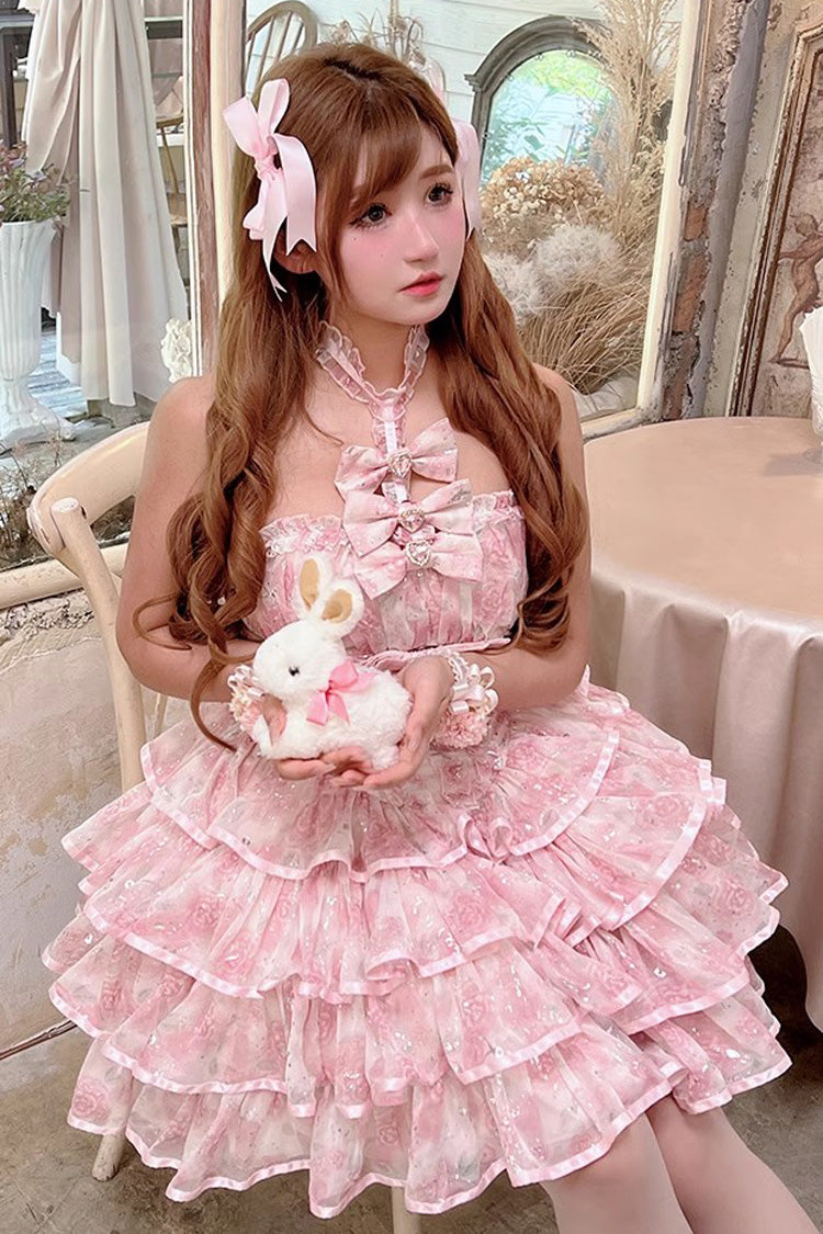 Pink Halterneck Sleeveless Multi Layer Bow Sweet Tiered Dress - Broken Silver Rose