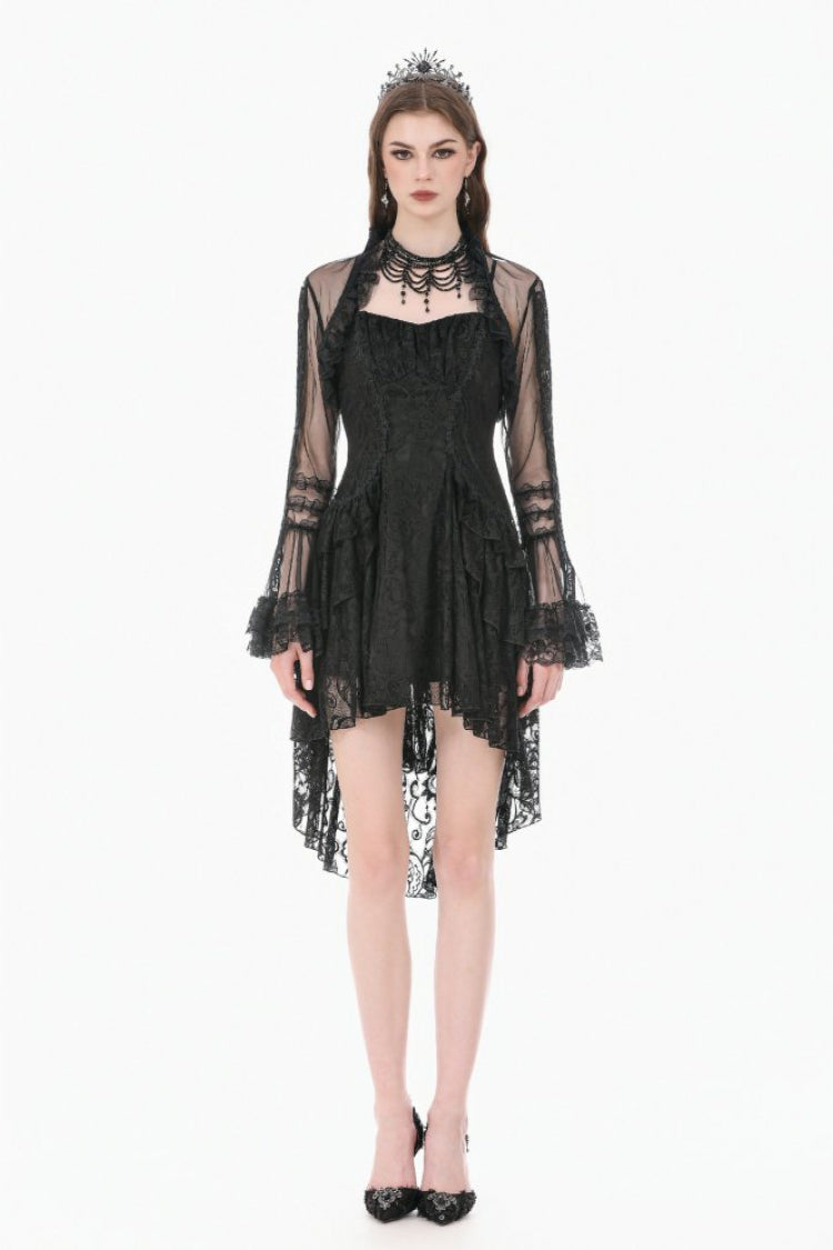 Gothic Sheer Mesh Black Lace High-Collar Flared Long-Sleeve Dramatic Cape