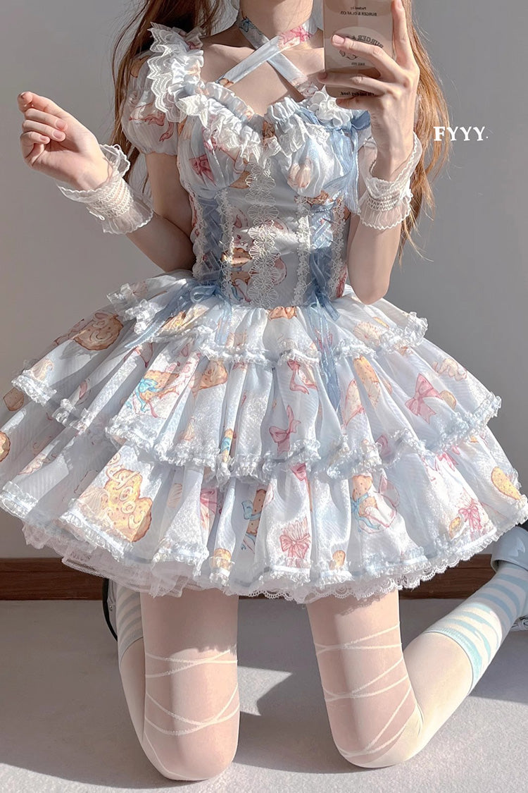 Azure Cookie-Bunny Print Sweet Dress with Multi-Layer Ruffles