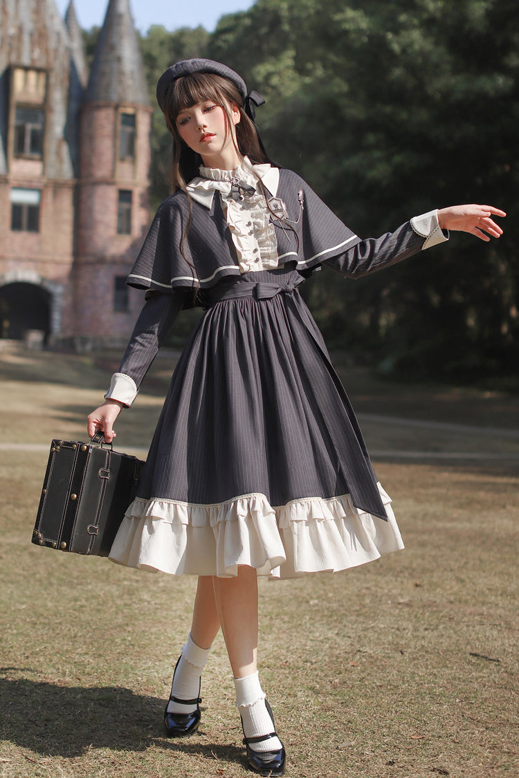 Striped Ruffle Bowknot Long Sleeve College Style Lolita Dress Dark Blue