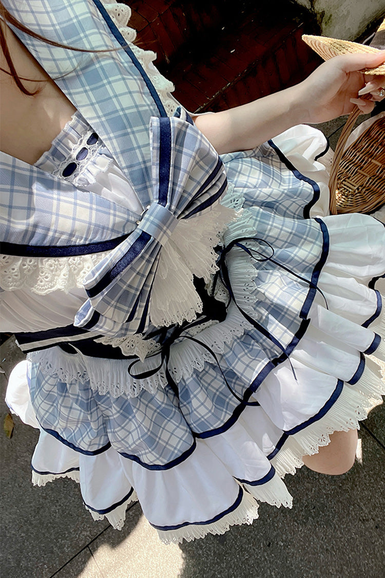 Blue/White Sailing Love Navy Collar Sleeveless Plaid Print Ruffle Ribbon Girly Lolita Dress