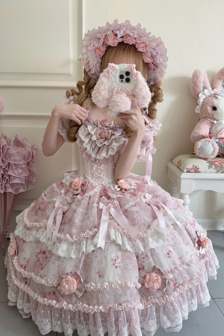 Pink Short Puff Sleeves Ruffle Bowknot Lace Sweet Japanese Princess Dress - Rose Manor