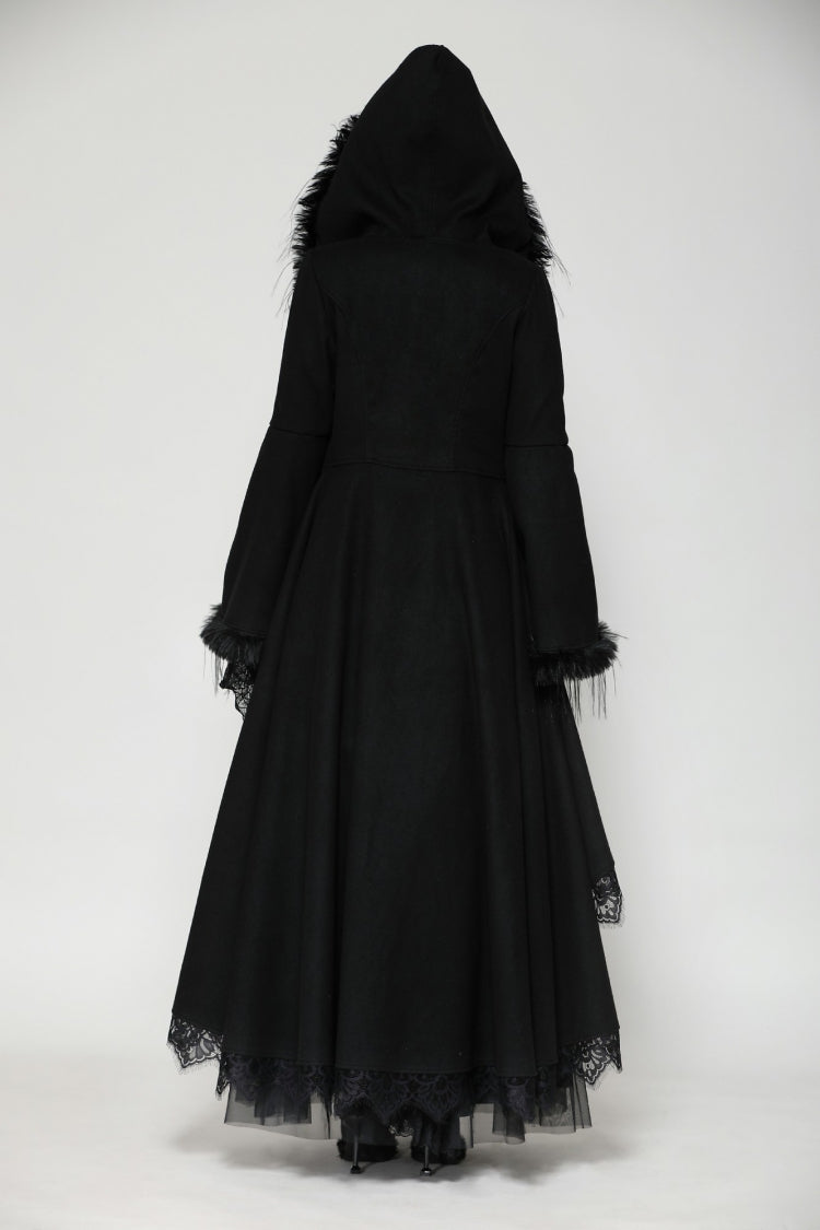 Charcoal Hooded Romantic Coat with Flared Sleeves and Buttons