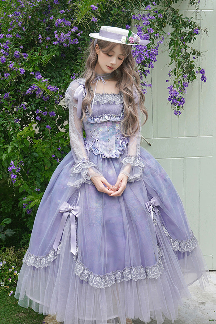 Amethyst Bow-Trimmed Lace Ruffled Long-Sleeve Gothic Dress