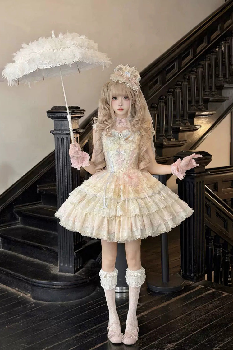 Sweet Lolita JSK Dress with Square Collar and Ruffled Bow - Apricot/Pink