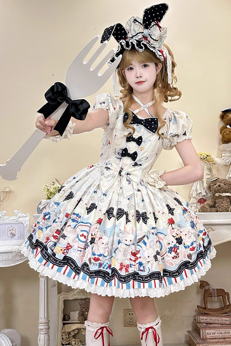 Square Collar Short Sleeve Print Ruffle Sweet Lolita Dress Beige
