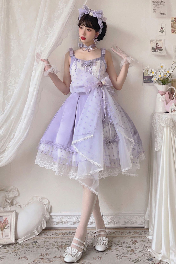Violet Polka Waltz Sleeveless Printed Bow Stitched Lace JSK